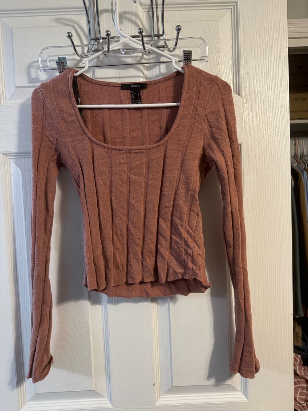 Forever 21 Dusty Rose Ribbed Scoop Neck Long Sleeve Top